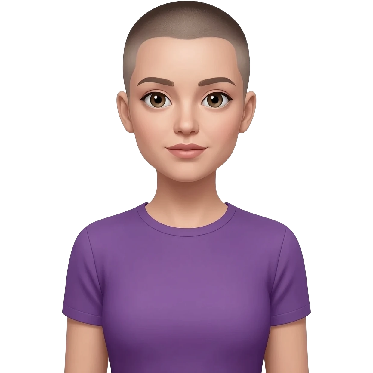 White, female, buzz haircut, purple shirt emoji