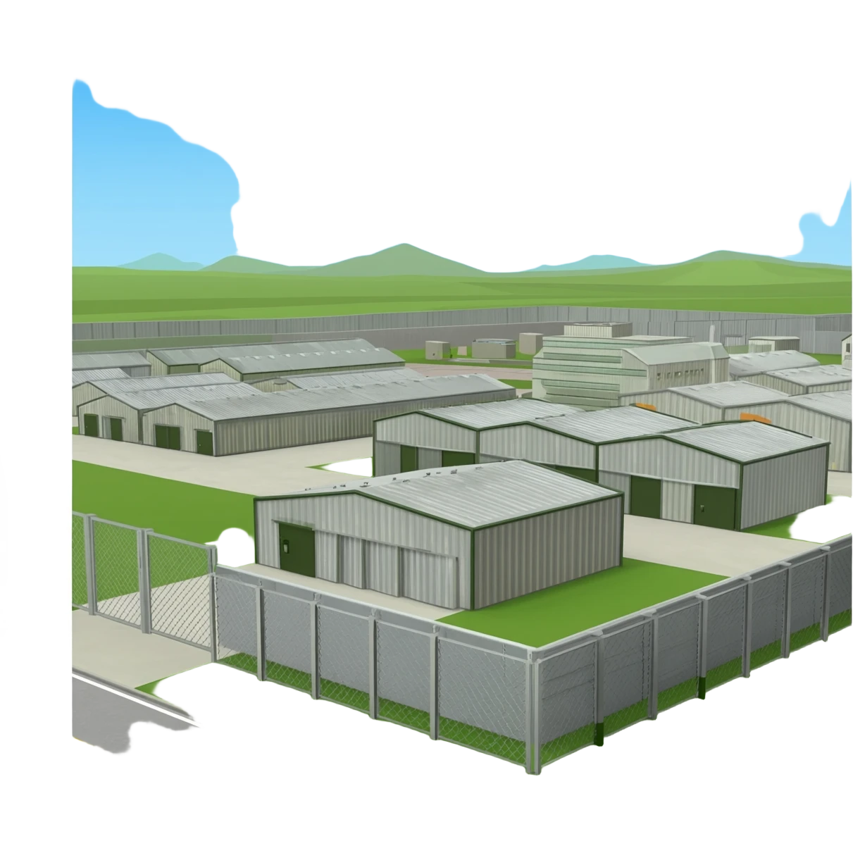 a military industrial building from an overhead view in a foreign country in the style of dark realism emoji