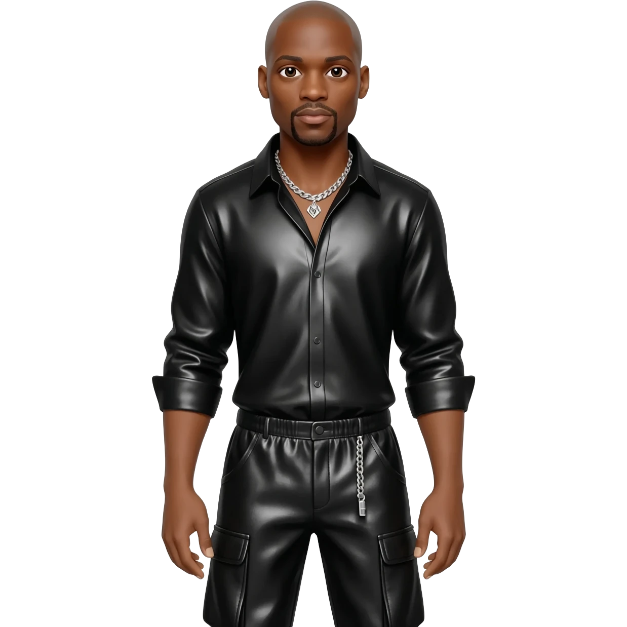 Tyrese Gibson with bald head, black metallic shirt, black metallic baggy pants, silver necklace emoji