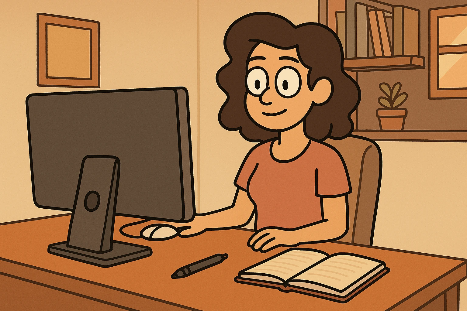 a setup with a computer, a mouse, a pen, and a notebook, cozy home office, warm lighting, inviting atmosphere emoji