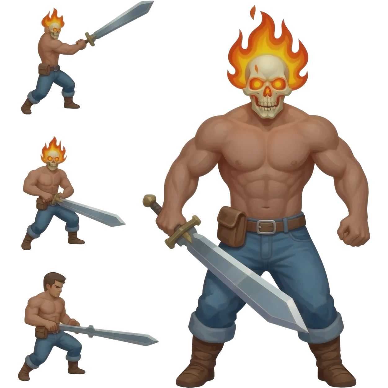 A 4 stage sprite sheet of a man with a burning skull head, show the 4 stages of him attacking with his large sword, shirtless, full body, facing right emoji