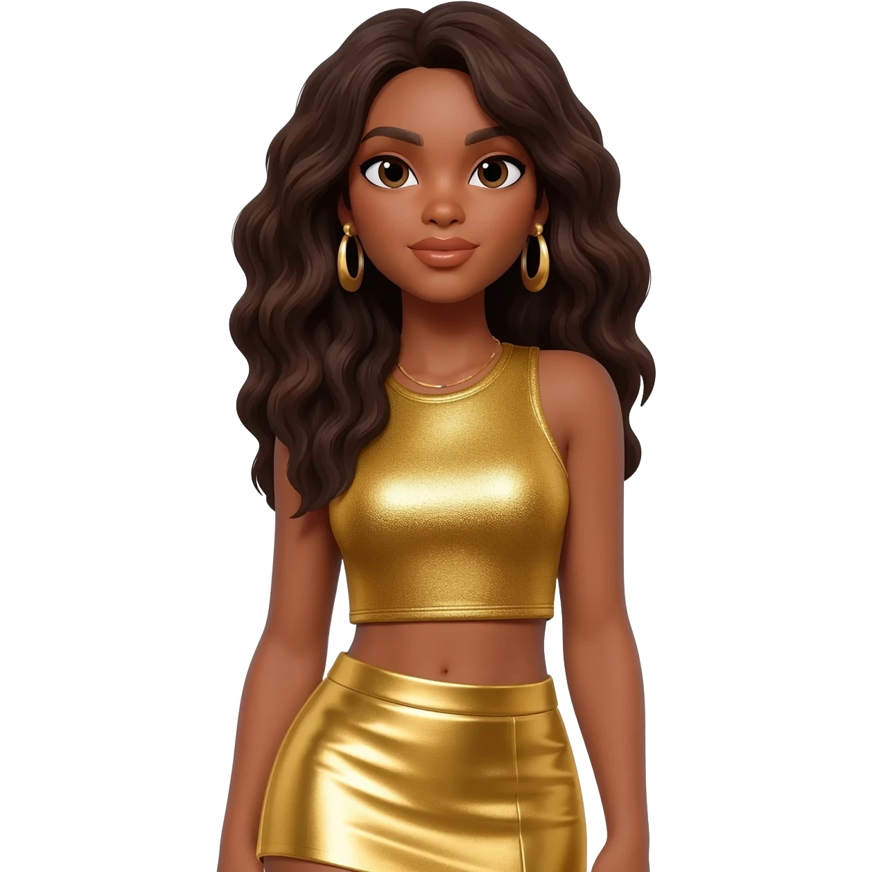 Solange with long dark brown hair, gold metallic crop top, gold metallic skirt, gold earrings emoji