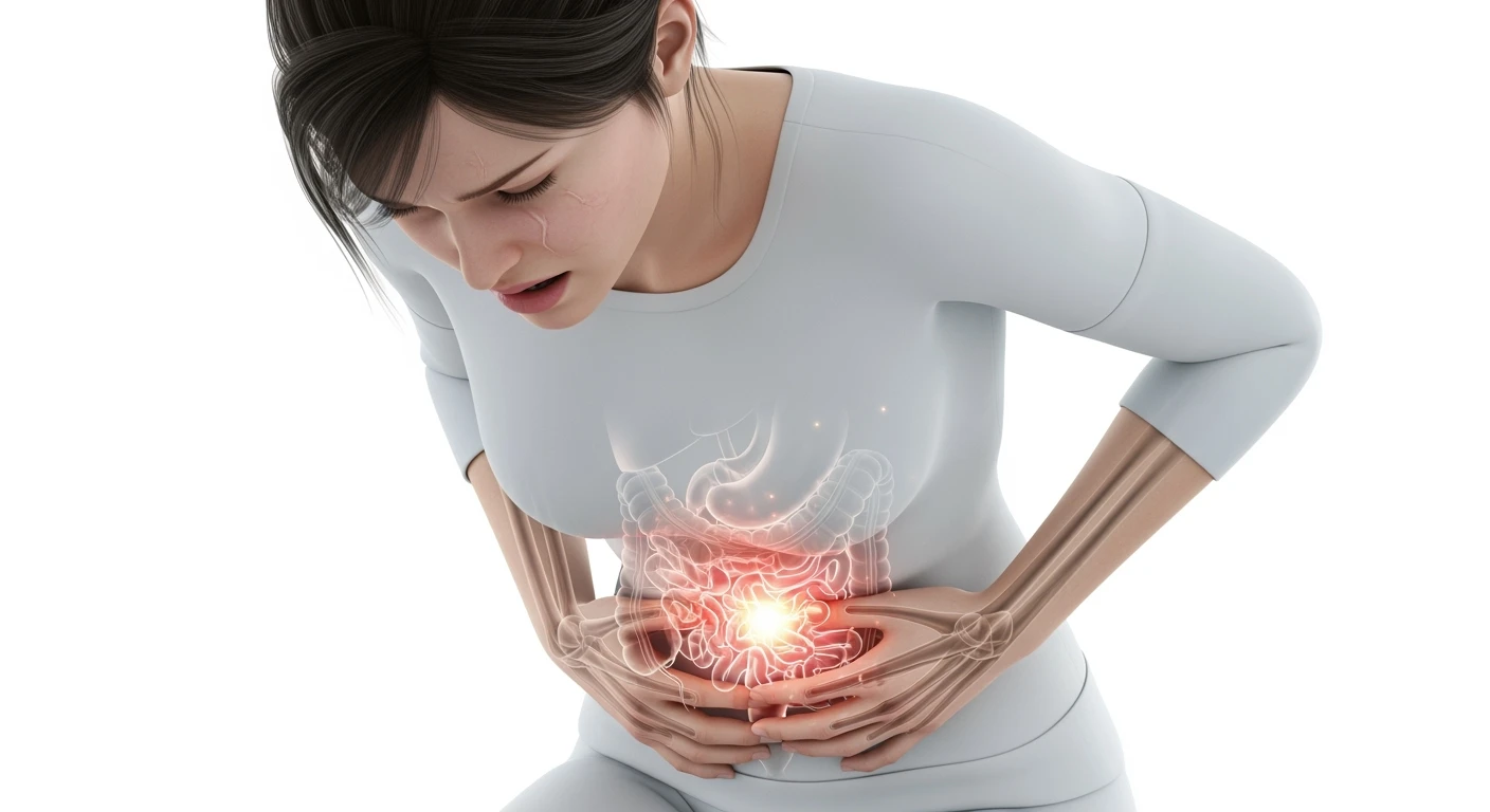 donna piegata in avanti frontalmente con mal di pancia, espressione di dolore in volto in primo piano e intestino anatomico in evidenza, iperrealistico 4k, sfondo bianco emoji