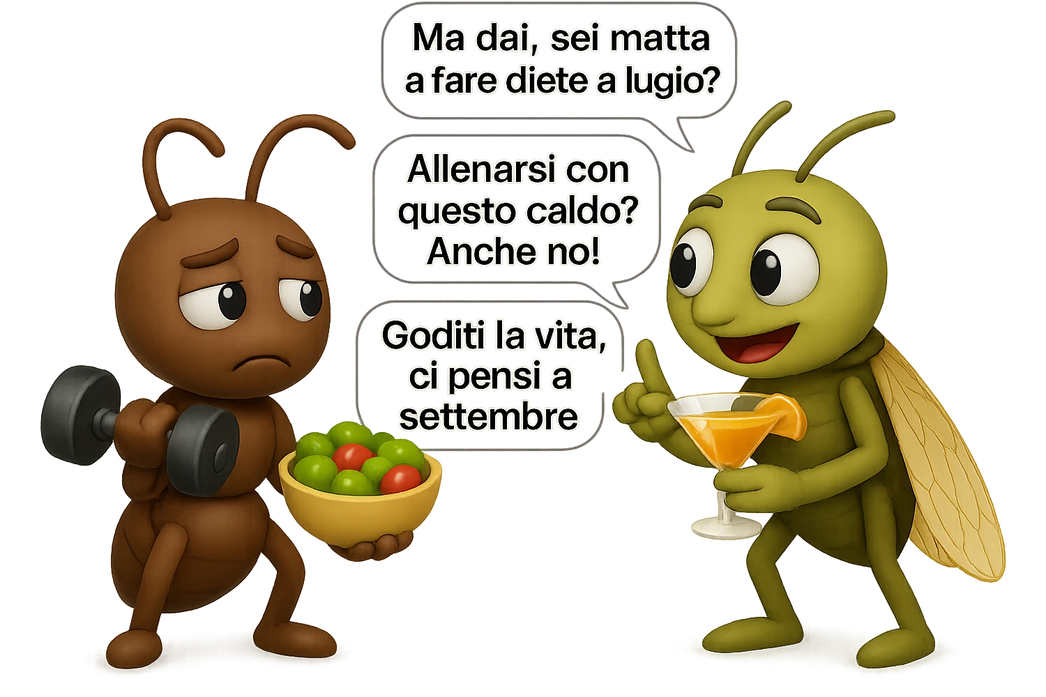 EMOJI STILE IPHONE 3D DI una cicala e una formica che parlano tra loro, la formica ha nella mano destra un manubrio da palestra e nella nella mano sinistra una bowl di insalata, la cicala invece ha un cocktail in mano, la cicala prende in giro la formica E LE DICE IN 3 FUMETTI DIFFERENTI: "Ma dai, sei matta a fare diete a luglio?”
“Allenarsi con questo caldo? Anche no!”
“Goditi la vita, ci pensi a settembre.”
 emoji