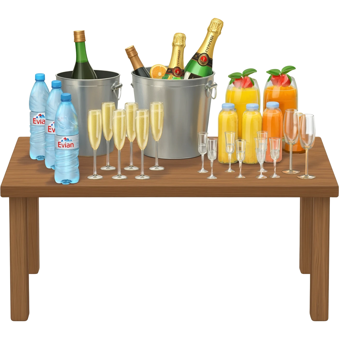 Our table was stacked with large bins filled with bottles of liquor and champagne, little Evian waters and juices, and rows of champagne flutes and glasses. emoji
