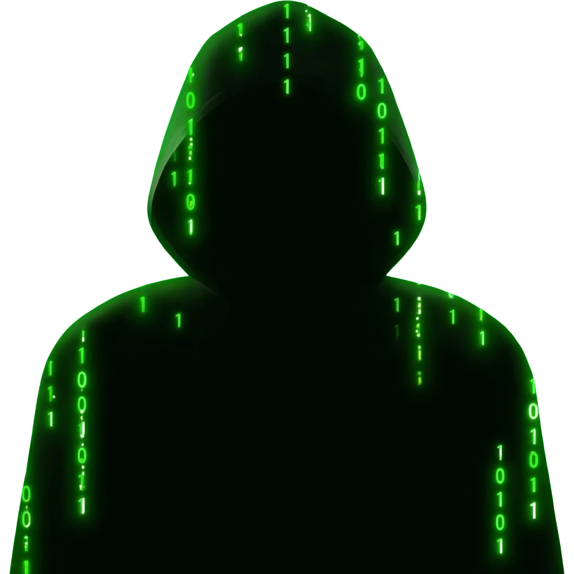 Binary system and "hacker" look, no face, back hoodie, green aura emoji