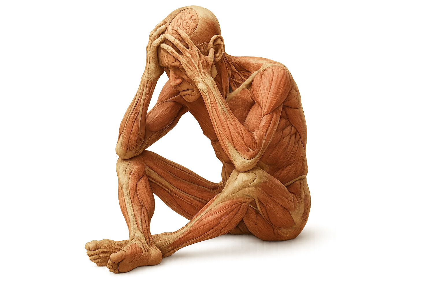 corpo umano anatomico realistico seduto a terra con postura delle spalle chiuse, mani sulla fronte ed espressione disperata in volto, isolato su sfondo bianco emoji