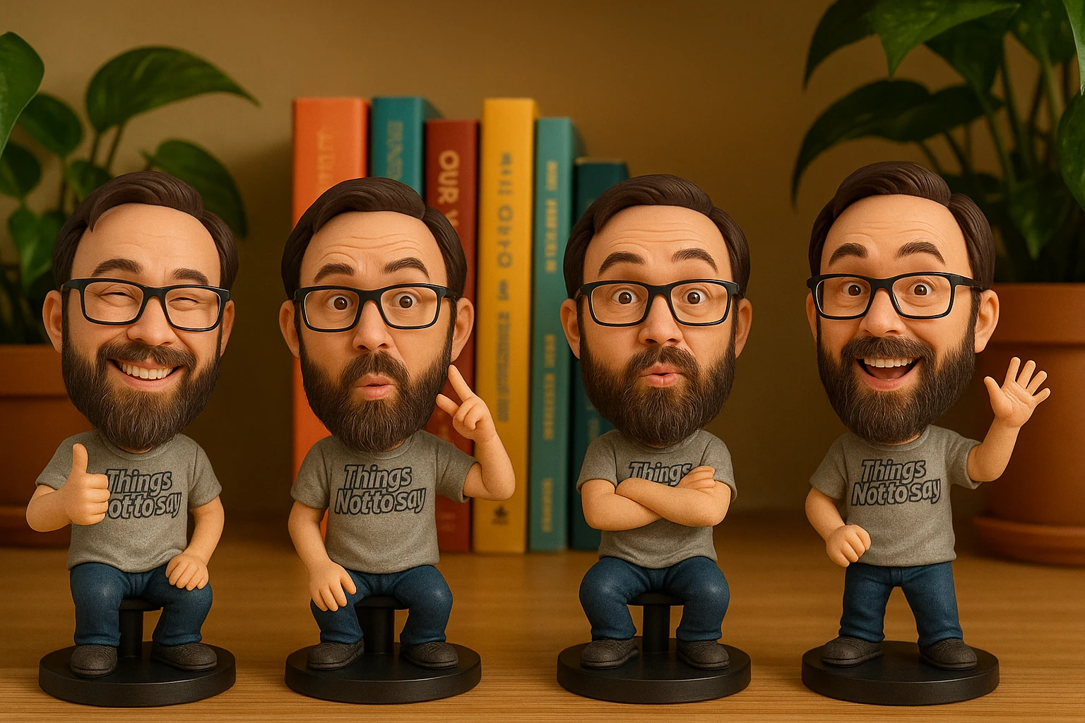 Create a group of bobbleheads featuring the person from the photo, each with a different playful pose and expression, in the bobblehead style. emoji