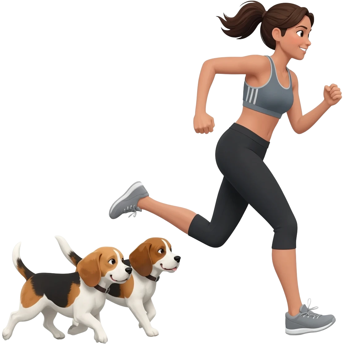 femme brune qui cours avec son beagles devant emoji