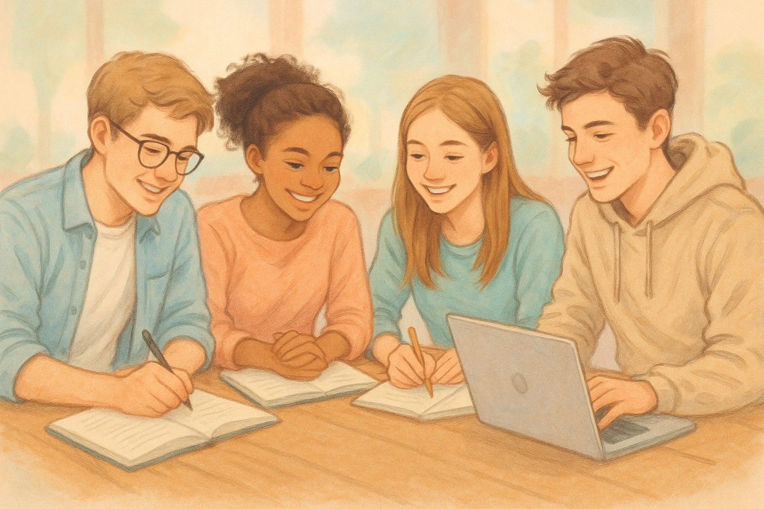 quatre jeunes étudiants, concentrés mais souriants, partageant des idées sur des cahiers et ordinateurs portables, ambiance amicale, fond flou mais agréable, style semi-réaliste, couleurs pastel emoji