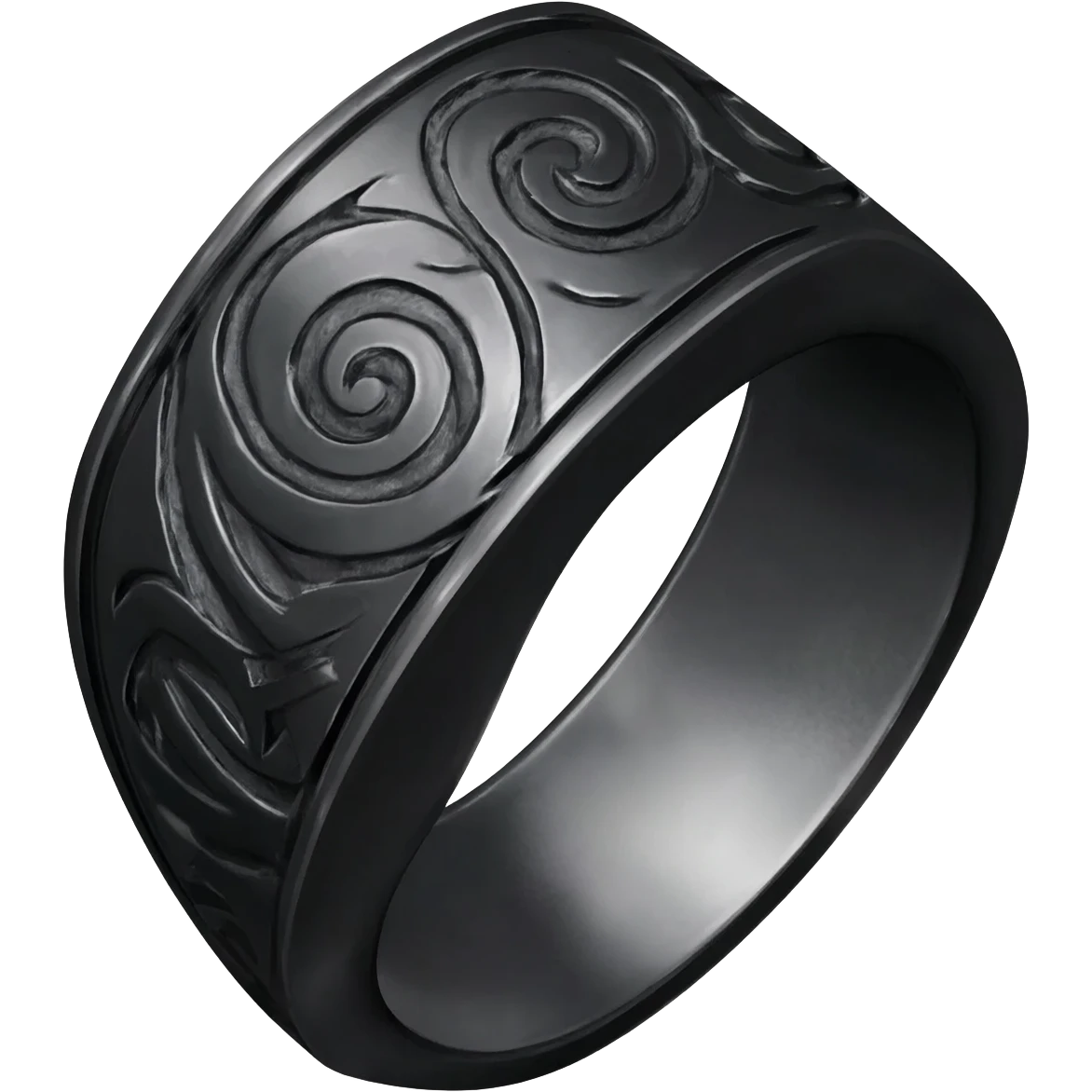 A fancy Obsidian Ring with a  and intricate symbols craved into the ring emoji