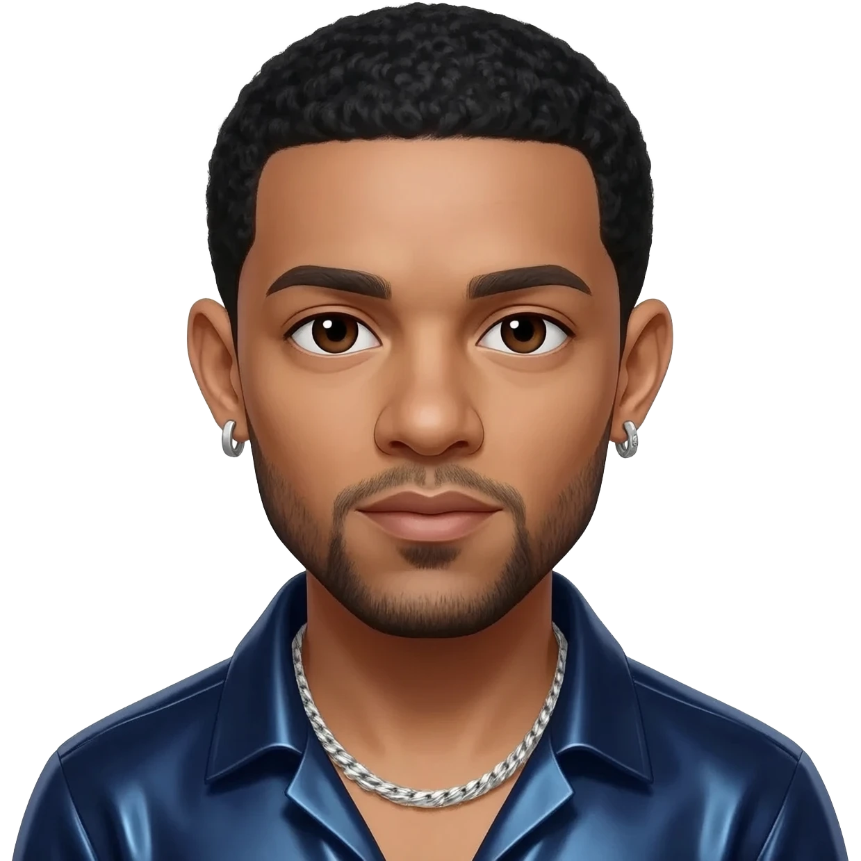 Drake with dark brown eyes, black hair, dark indigo metallic shirt, silver necklace and short earrings emoji