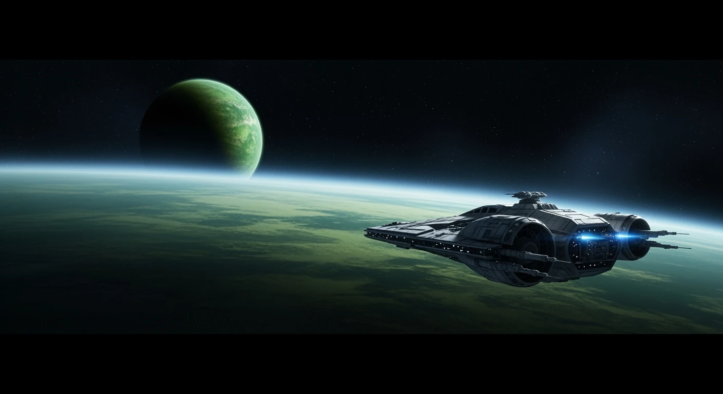 cinematic still, single starship, greem planet in distance, inspired by StarWars movie, captured by arri alexa  emoji