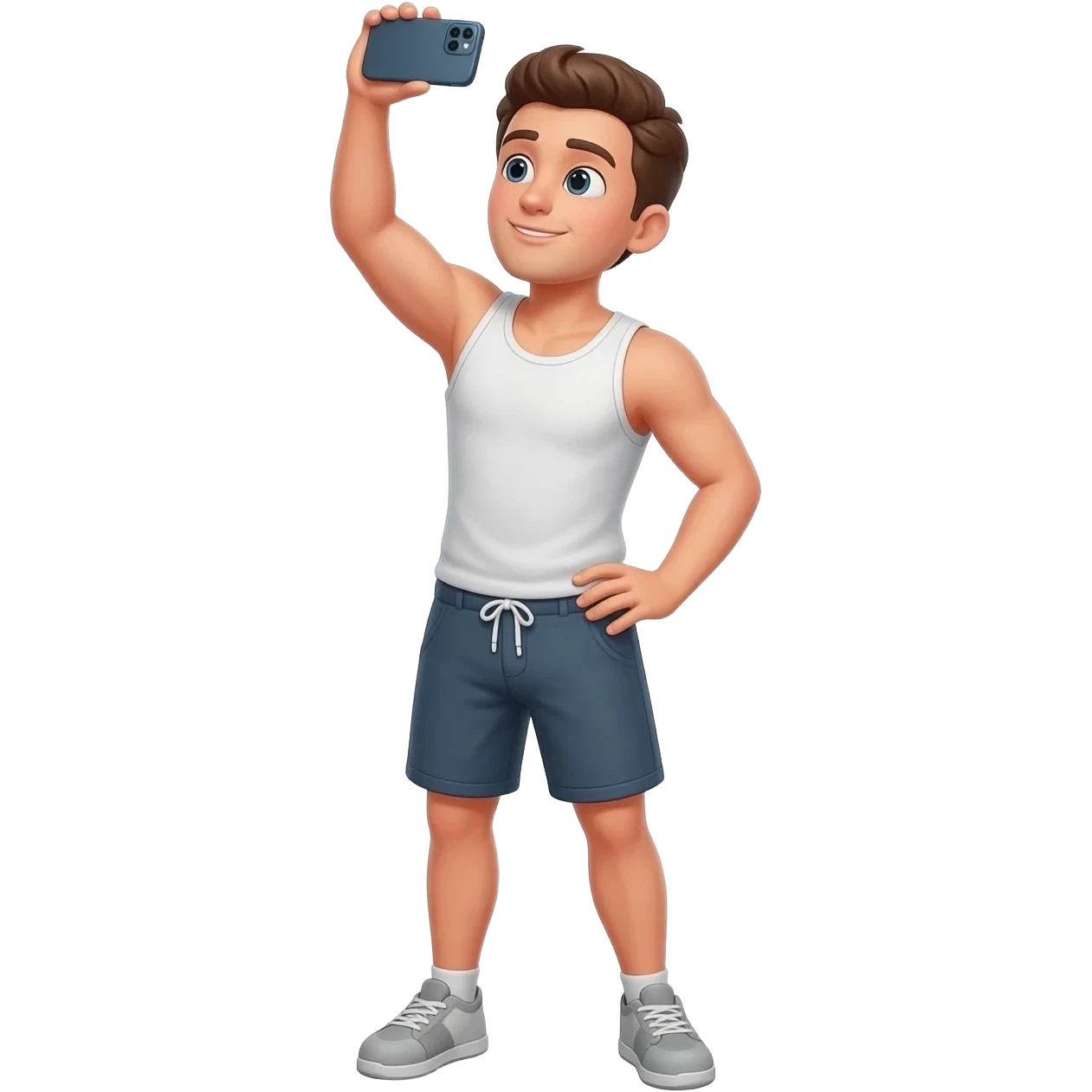 Generate a male standing and holding his phone in front and above to make it seem like hes taking a selfie but of his whole body to show to the camer a hes standing. Make him wearing just a tank top and shorts. emoji