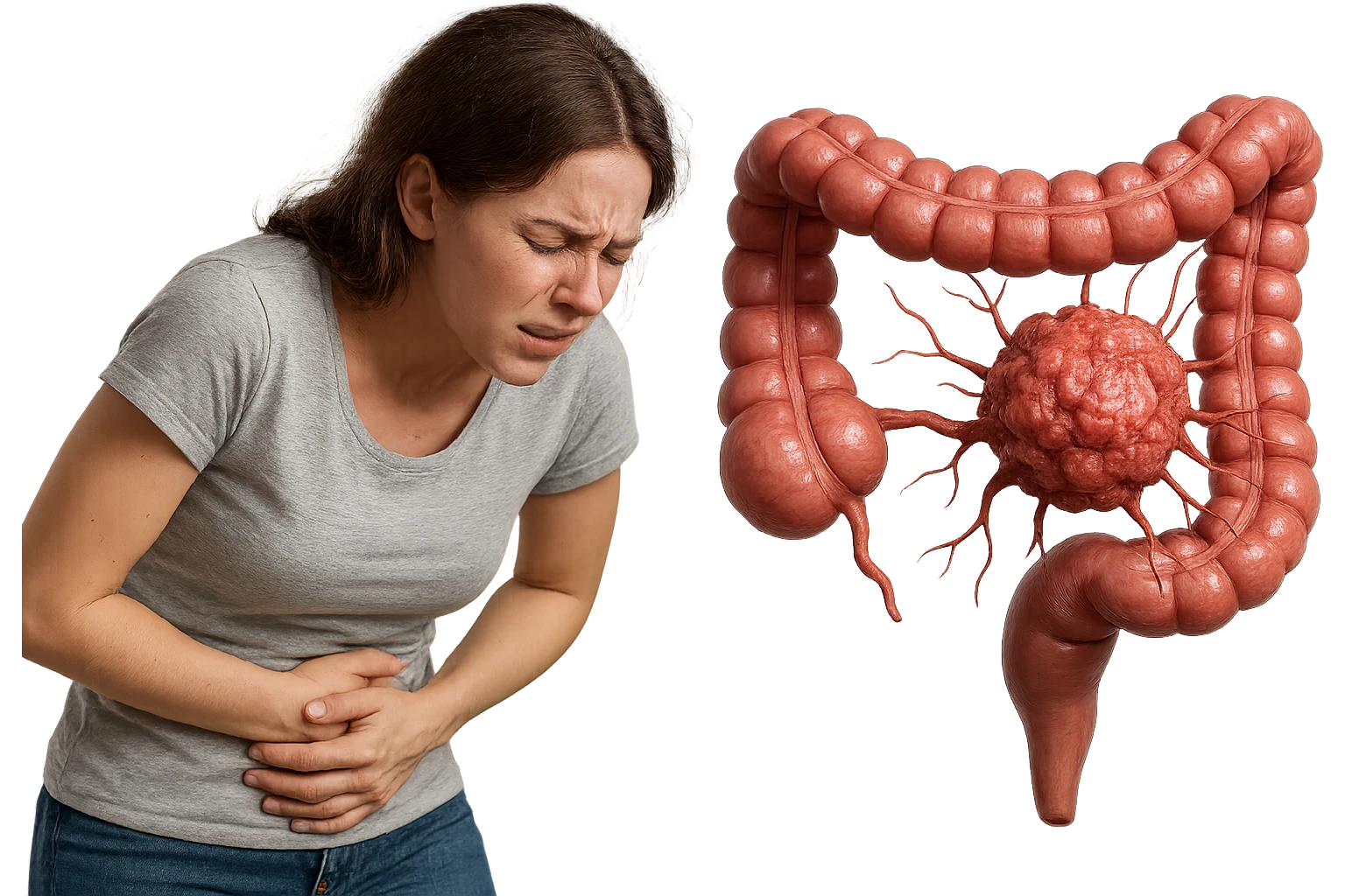 donna giovane piegata in avanti con mal di pancia e cellula tumorale che danneggia il colon, iperrealistica 4k emoji