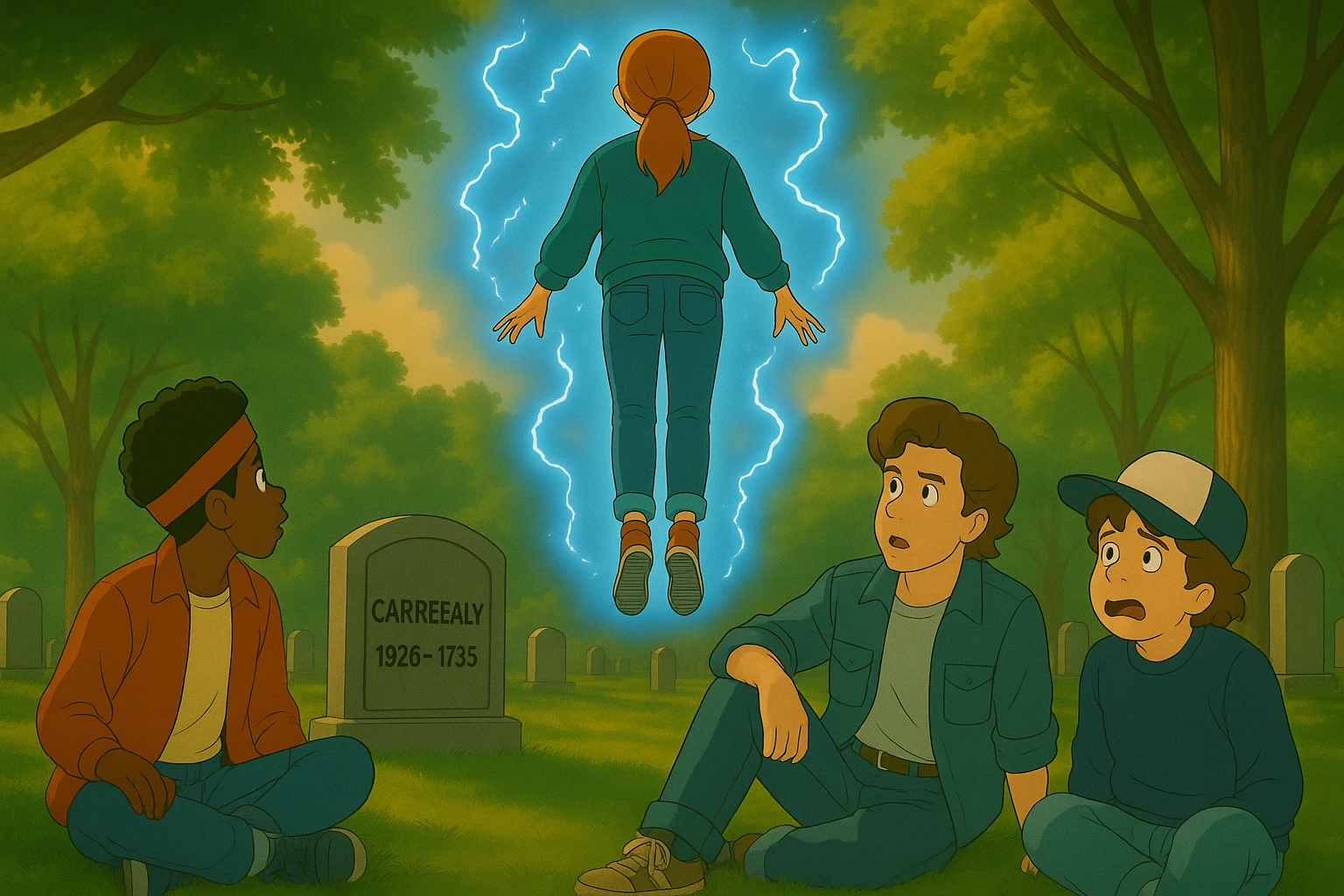 Max from Stranger Things levitating above a grave in a cemetery, seen from behind, positioned in front of Lucas, Steve, and Dustin, who are watching her. Dustin looks scared. Ghibli style, wide aspect ratio (16:9), supernatural glowing effects, expressive and cinematic atmosphere. emoji