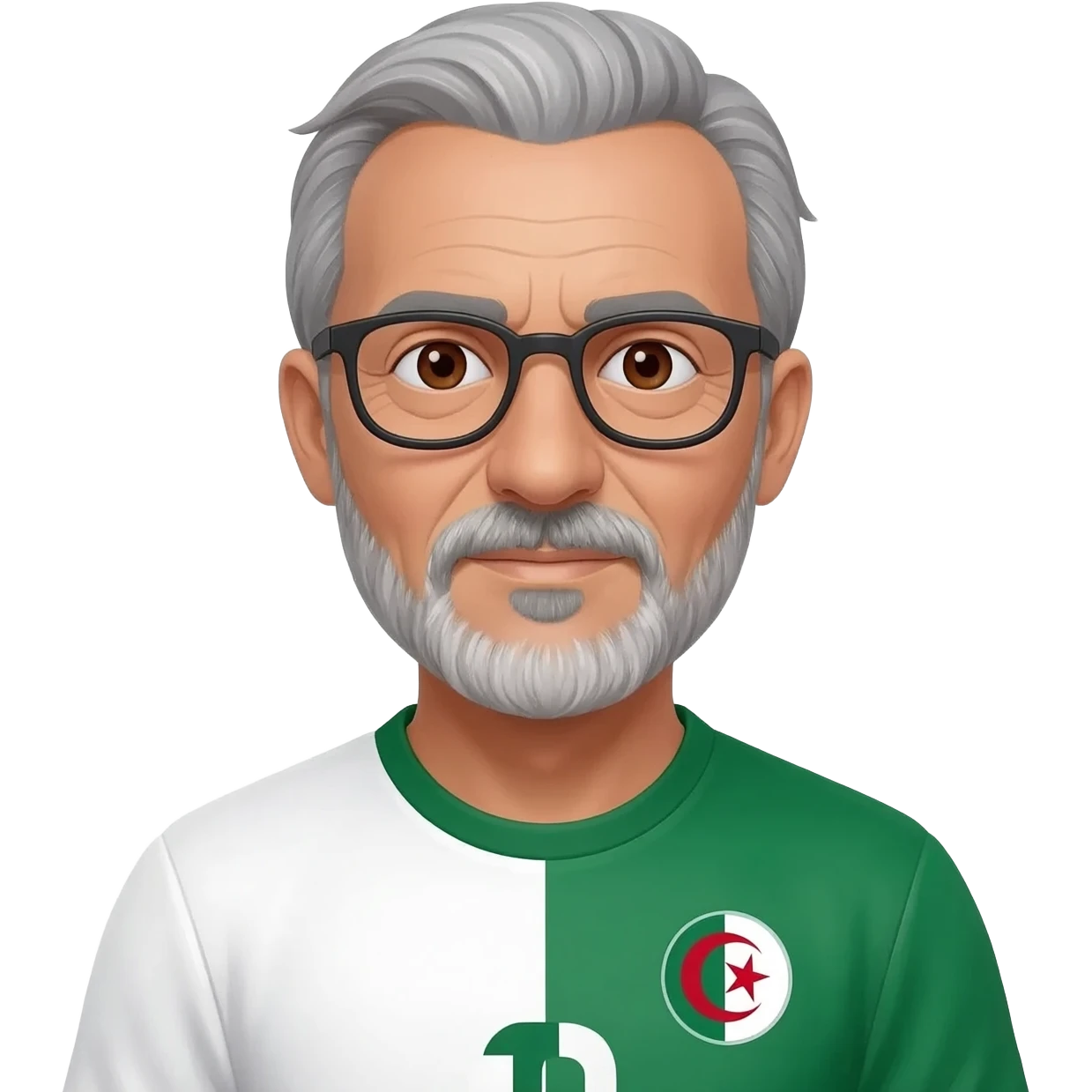 homme algérien peau claire à lunettes yeux marrons 67 ans cheveux gris avec barbe légèrement grisonnant avec maillot blanc et vert foot Algérie emoji