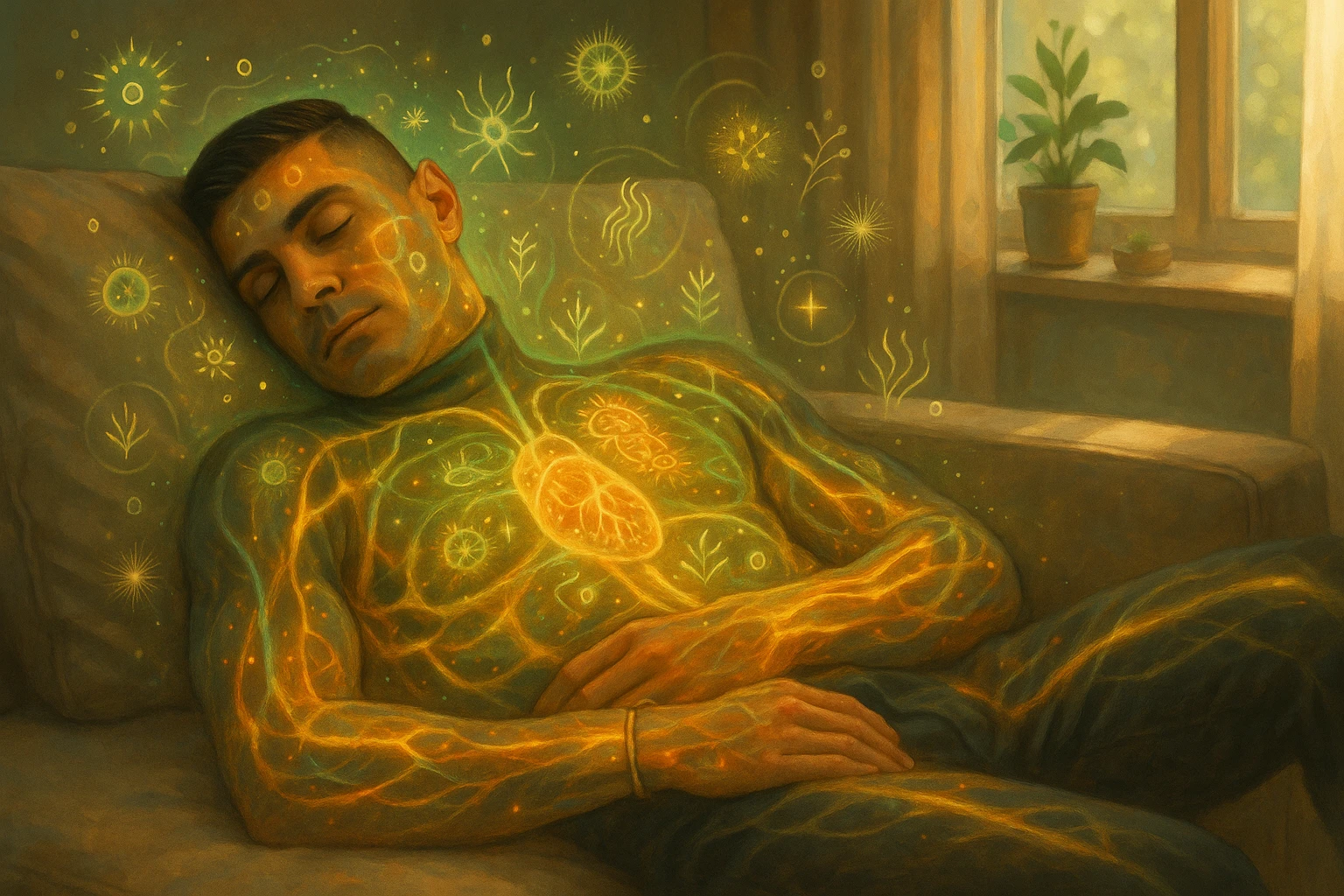 Uomo sdraiato su un divano nel primo pomeriggio, mentre fa un breve riposino. Il suo corpo appare parzialmente trasparente o stilizzato, con luce calda e flussi energetici dorati e verdi che scorrono attraverso muscoli, cervello, e organi. Intorno a lui si vedono piccoli simboli di rigenerazione: cellule che si rinnovano, tessuti che si illuminano, aura rilassata. L'ambiente è calmo e ordinato, luce naturale che entra da una finestra, atmosfera rigenerante, stile realistico con accenti metaforici. emoji