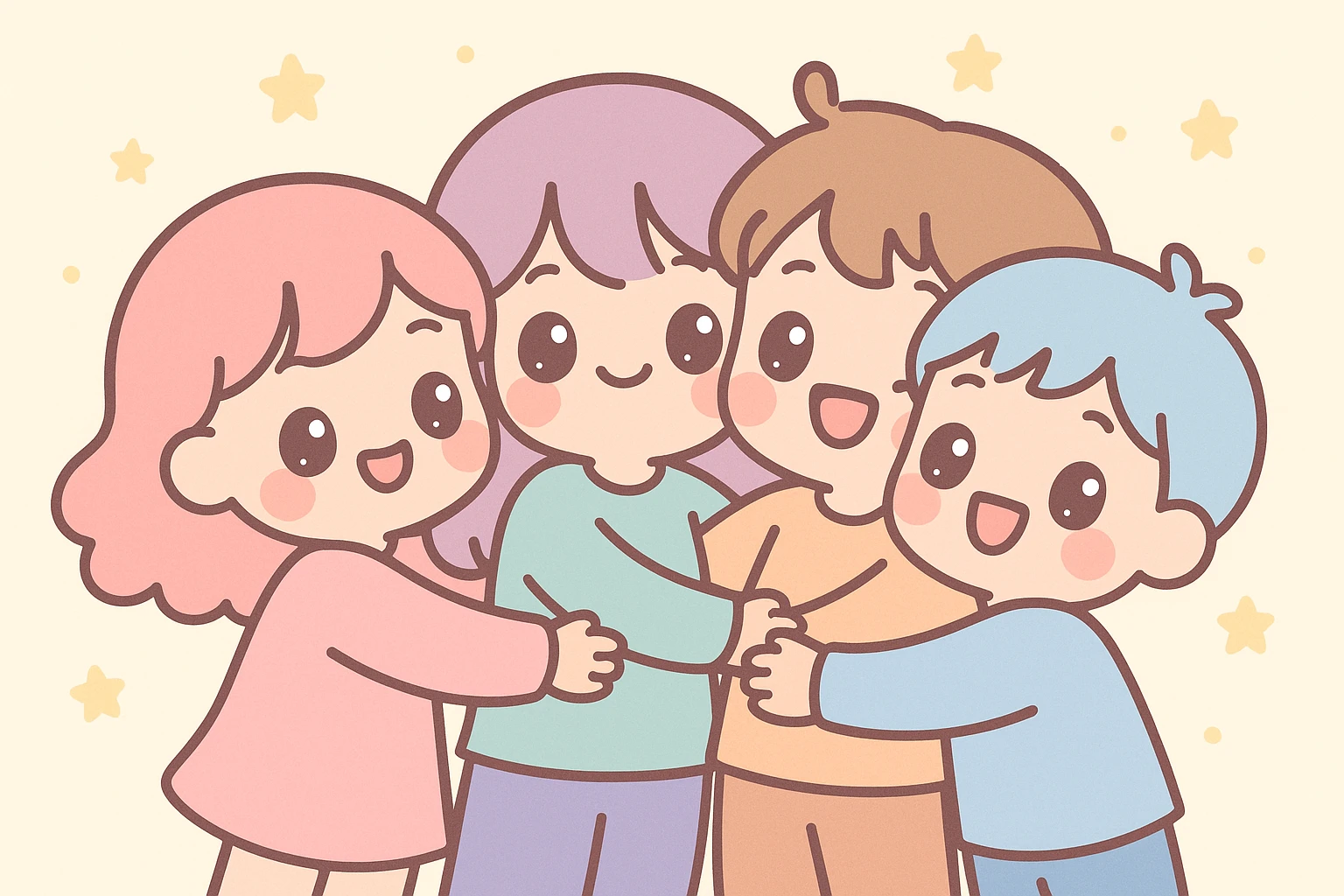 a group of friends hugging, kawaii style, cute, soft colors, big eyes, warm and friendly atmosphere emoji