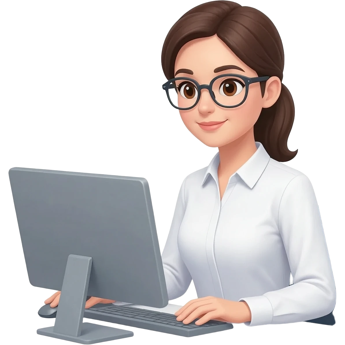 Asistente mujer con camisa manga larga blanca, sin lentes en escritorio con computadora, medio cuerpo imagen tipo emoji Android emoji