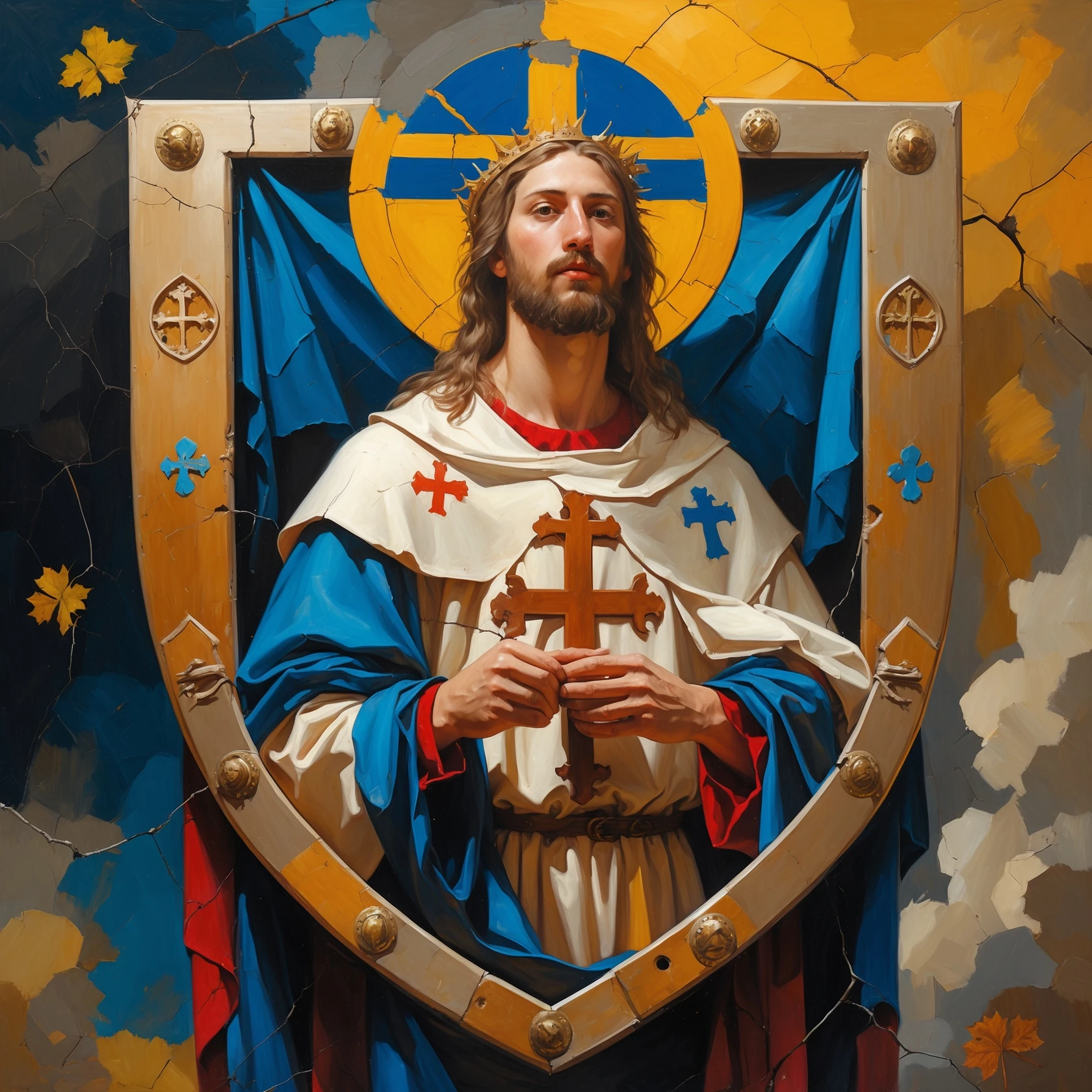 (img2img: strenght:=0.1) <ReferenceOnly-V3> inpaint religious theme onto the shield oil painting style flat image oil cracks countour
medieval shield art
 emoji