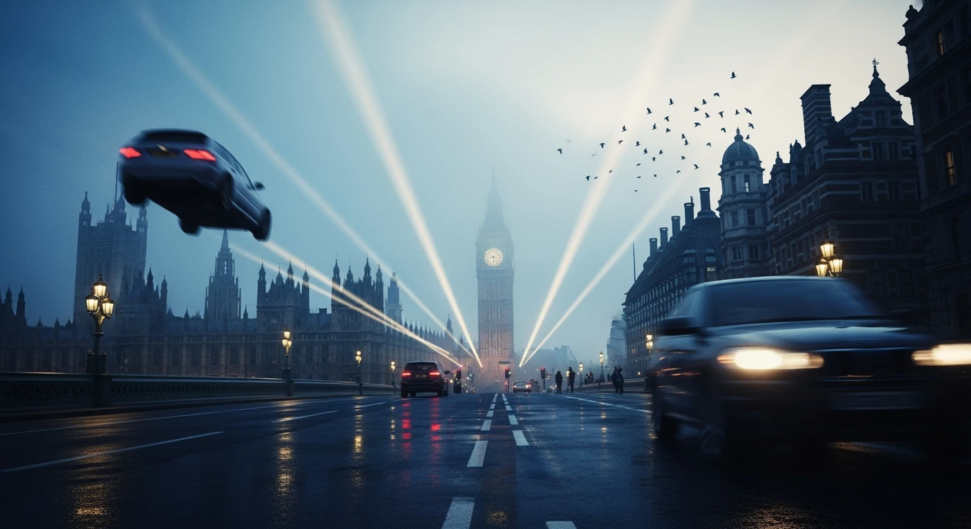 Cinematic shot of a london street, cloudy foggy day, soft light, car flying, leading lines to big ben in distance, multi composition, in foreground blurred car, on second street around UK bulding, od another plan in distance big ben, birds flying, artistic look, captured on arri alexa 35, blue hour emoji