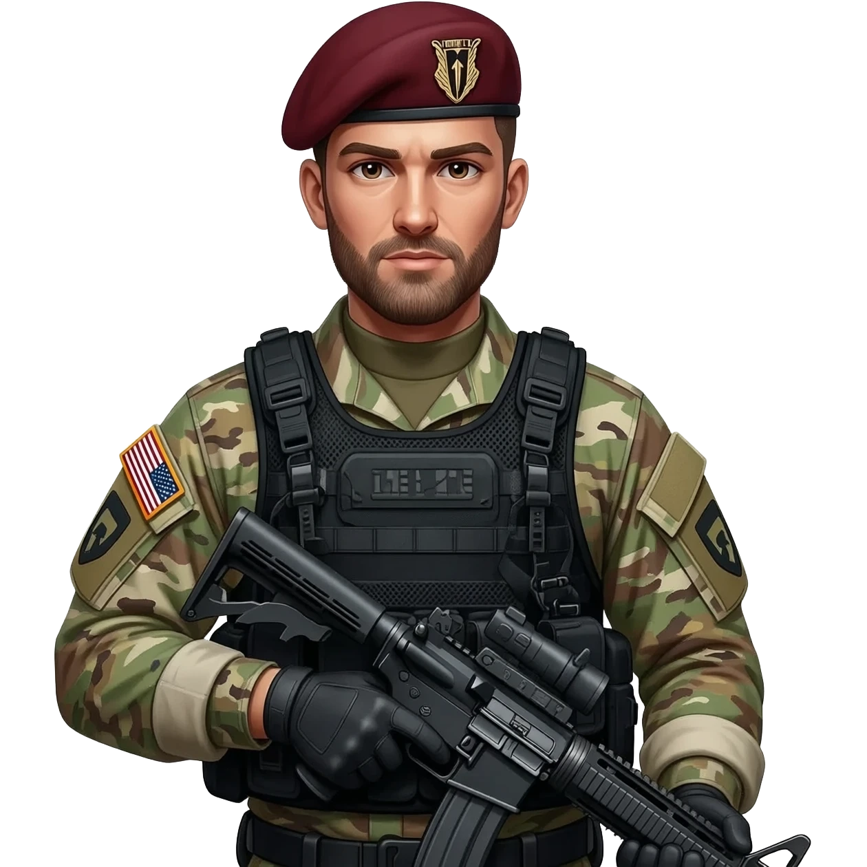 A US army soldier in combat gear, with a maroon beret like in the 82nd airborne emoji