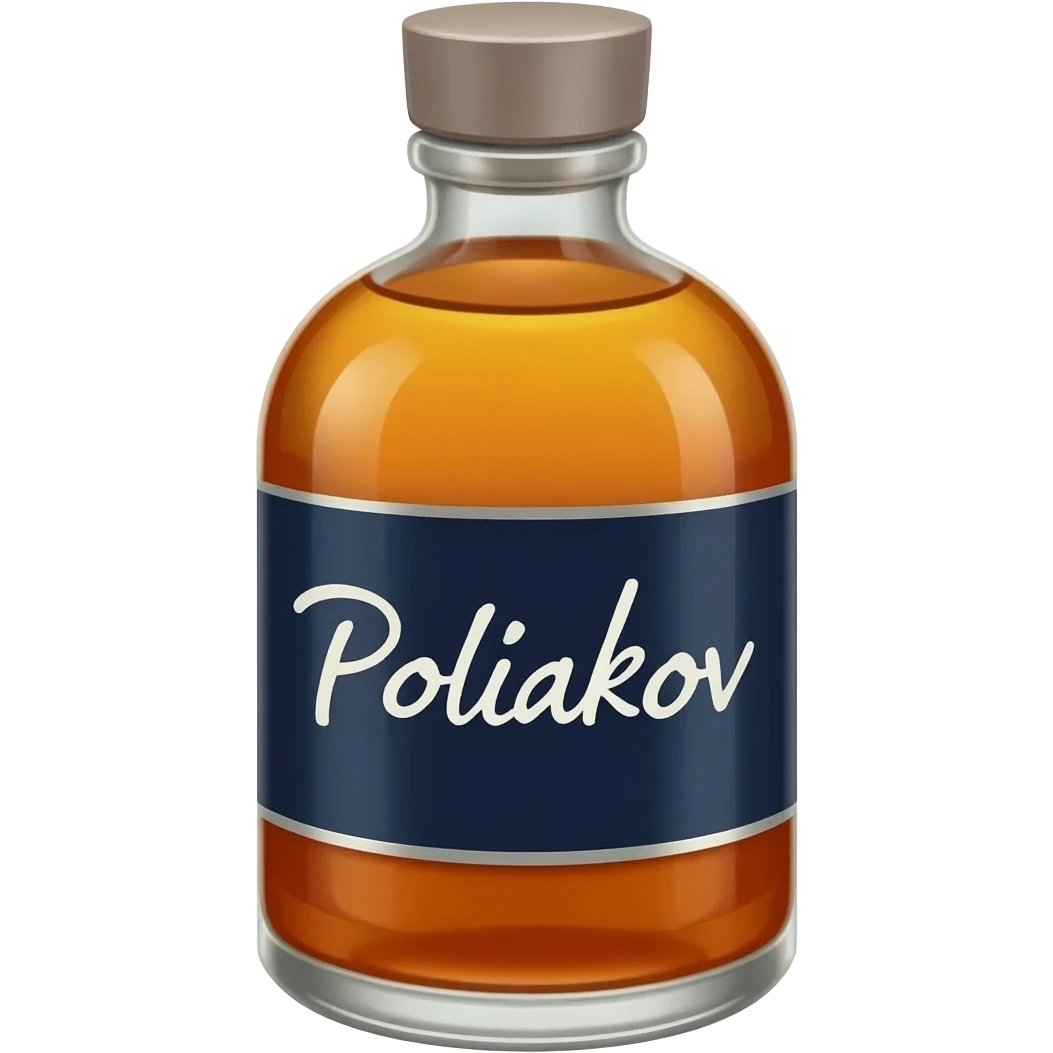 a bottle of poliakov with translucide liquid, a dark blue label with "Poliakov" in white emoji