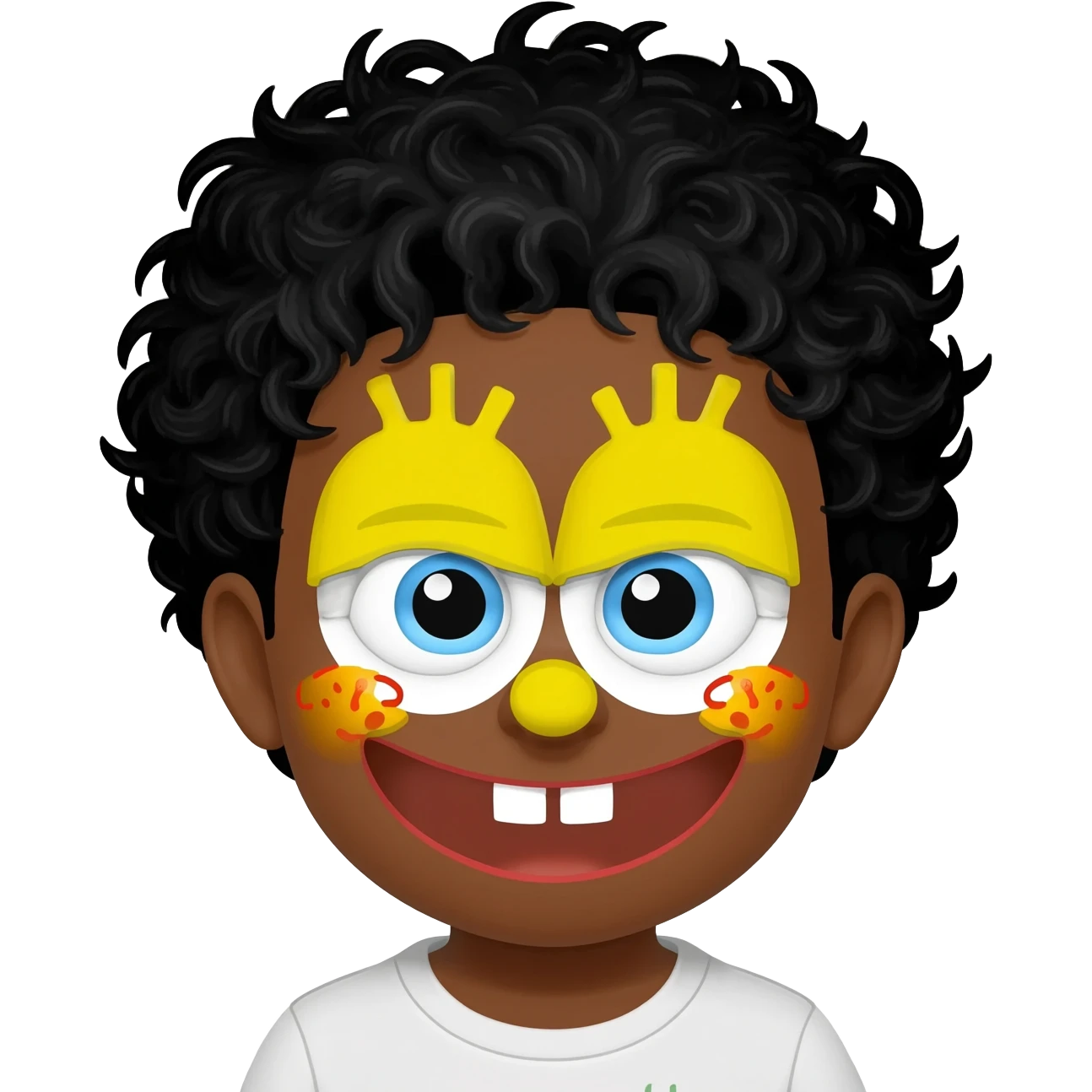Make a brown boy with black curly hair have a SpongeBob face paint emoji