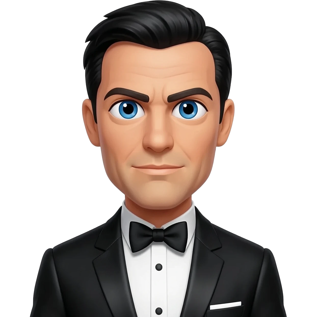 James Bond from James Bond series with blue eyes, black hair, black metallic suit with bow tie emoji