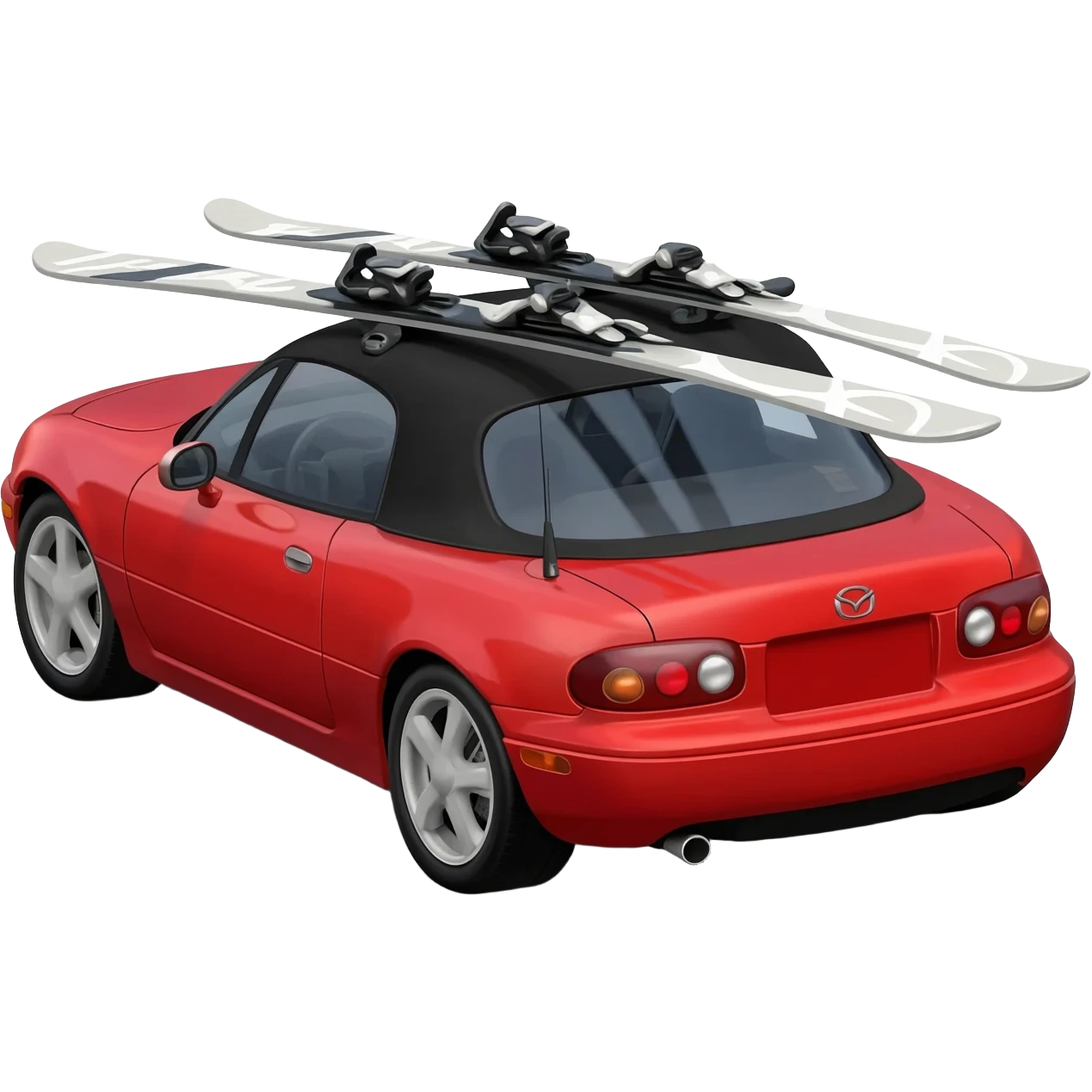 red mazda mx5 mk2 with black hadtop and skis on the roof emoji