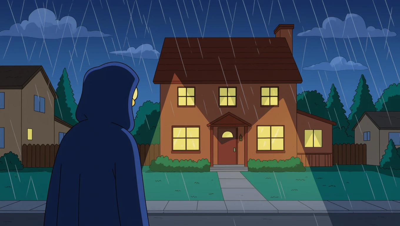 Springfield sous la pluie, la nuit. Une silhouette encapuchonnée observe la maison des Simpson. emoji