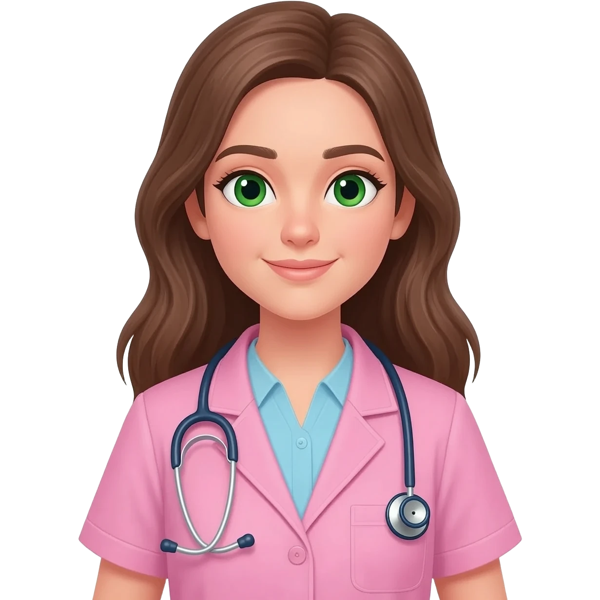 A girl veterinarian with long brown hair green eyes in a pink coat with a stethoscope emoji