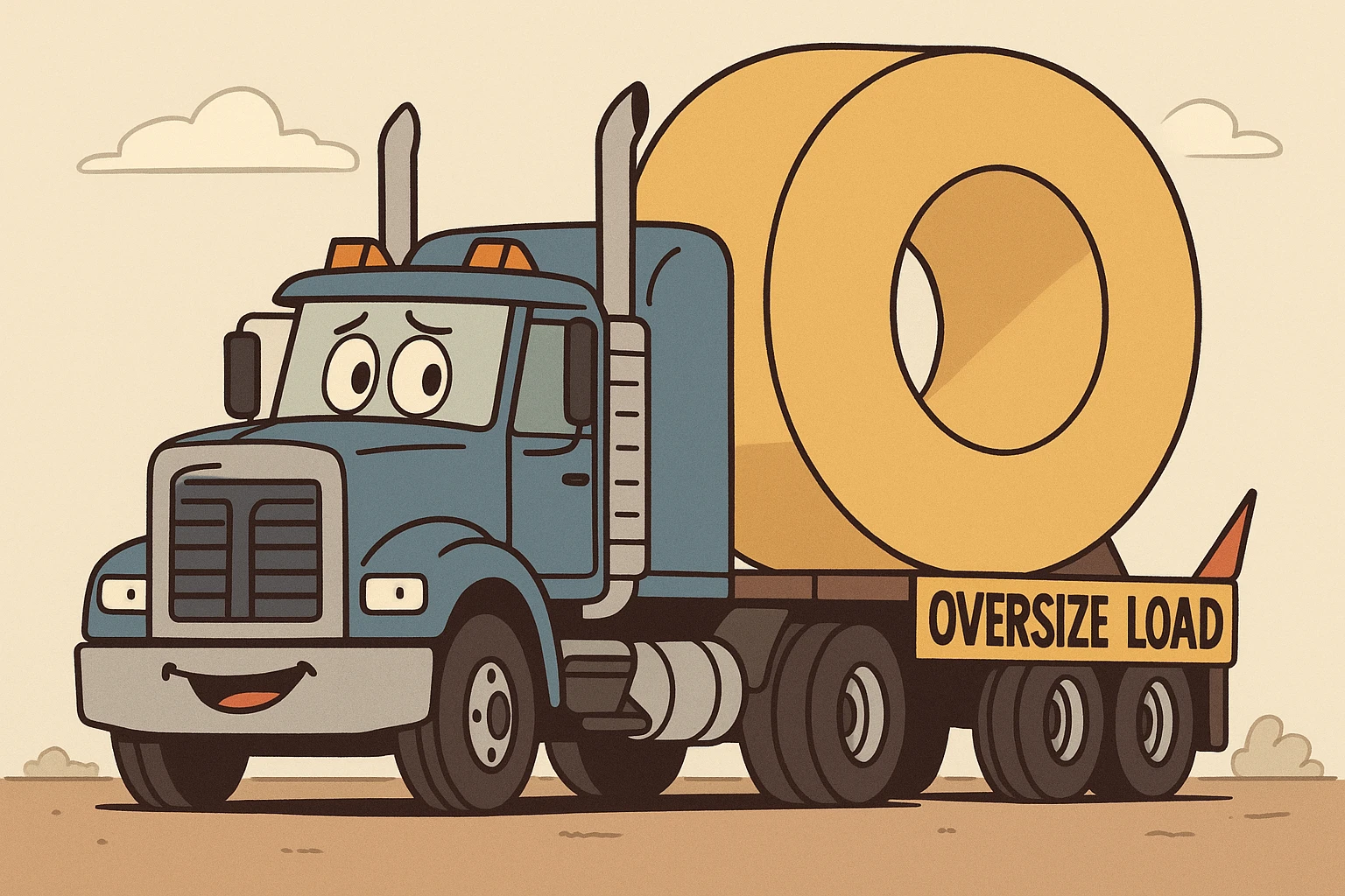 cartoon-style semi truck with huge object on trailer and visible OVERSIZE LOAD sign emoji