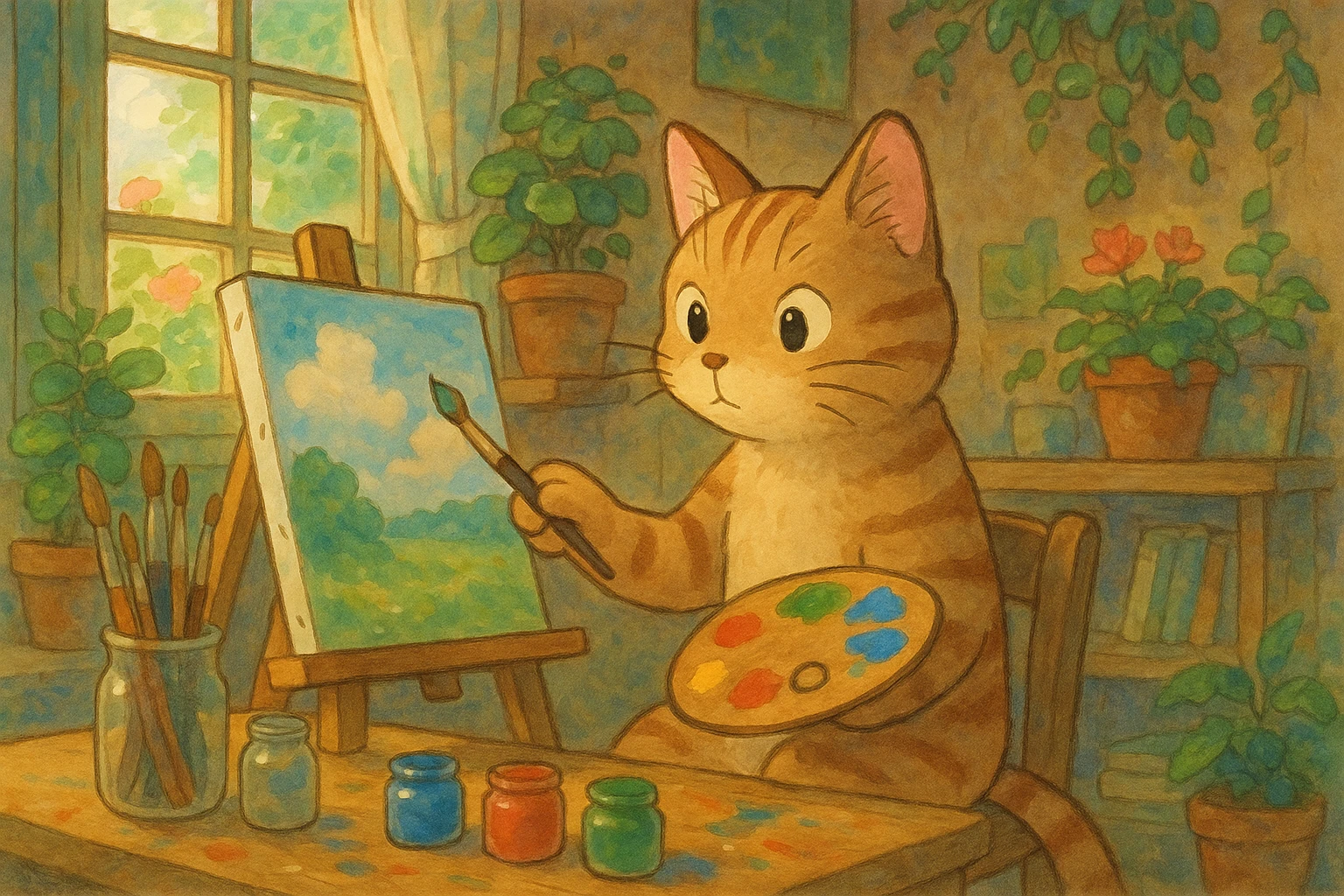 cat painting on a canvas, ghibli-inspired style emoji