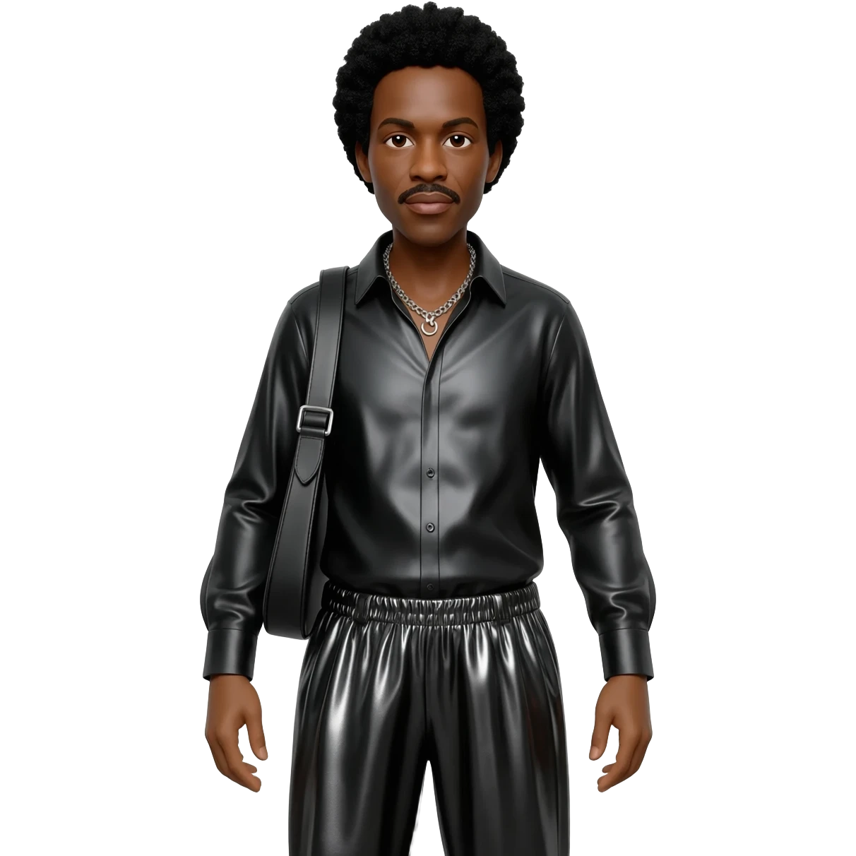 Ike Turner with black hair, black metallic shirt, black metallic baggy pants, silver necklace emoji