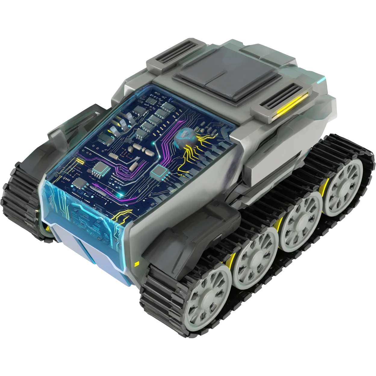 A top down view of a robot with tank tracks, in a cyber punk futuristic style far beyond what is currently available today, from the year 3000, the camera needs to be directly above the robot looking down emoji
