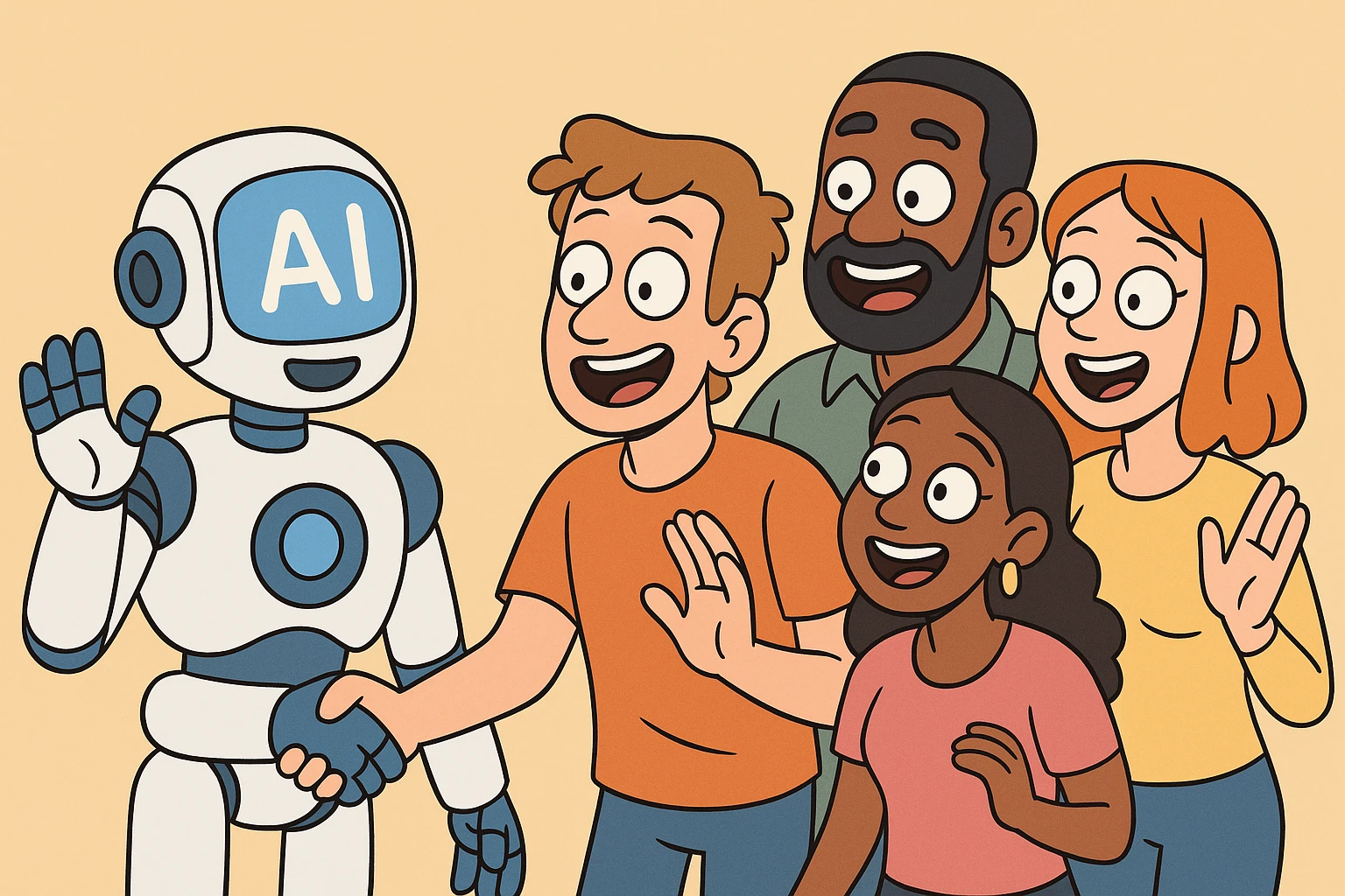 AI and People, playful cartoon, friendly robots and diverse people, bright colors emoji