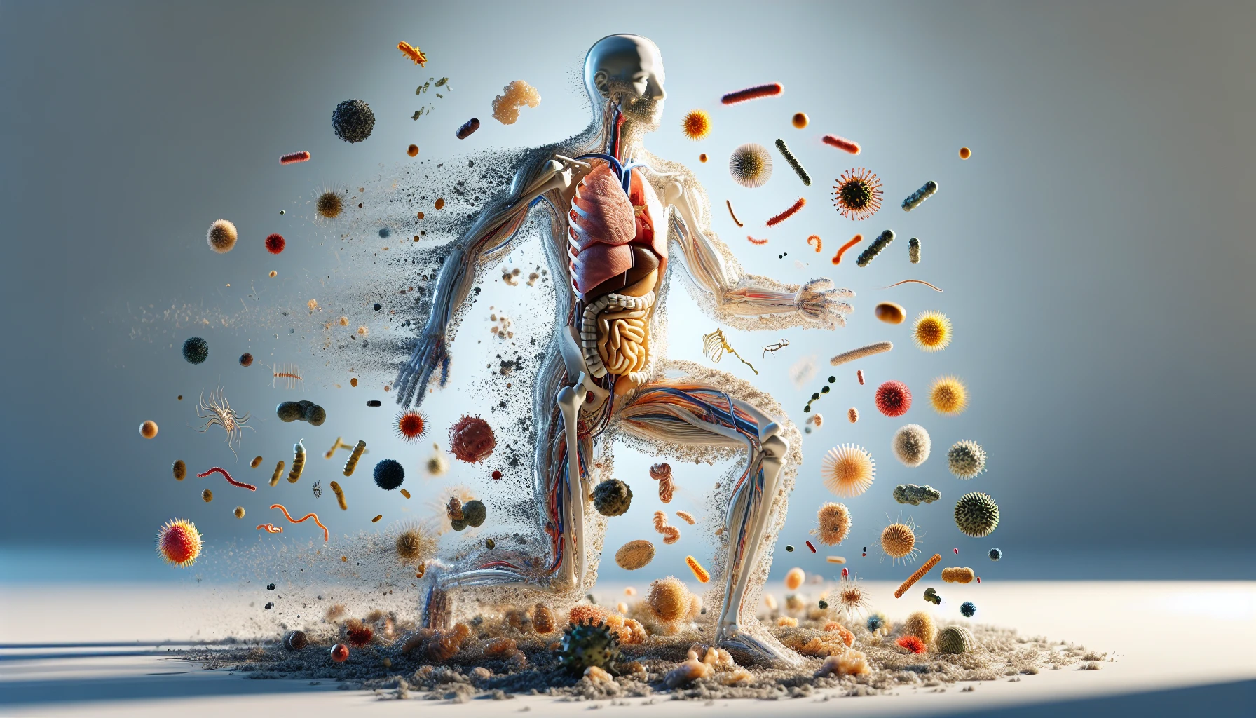 corpo umano anatomico che accumula tossine e virus e malattie nel corpo , sfondo neutro chiaro, iperrealistico 4k emoji