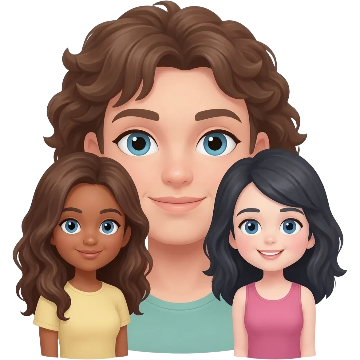 Trio girl best friends one with tan skin and brown hair, one with dark black hair and blue eyes and white skin, and one with brown hair and blue eyes and white skin emoji
