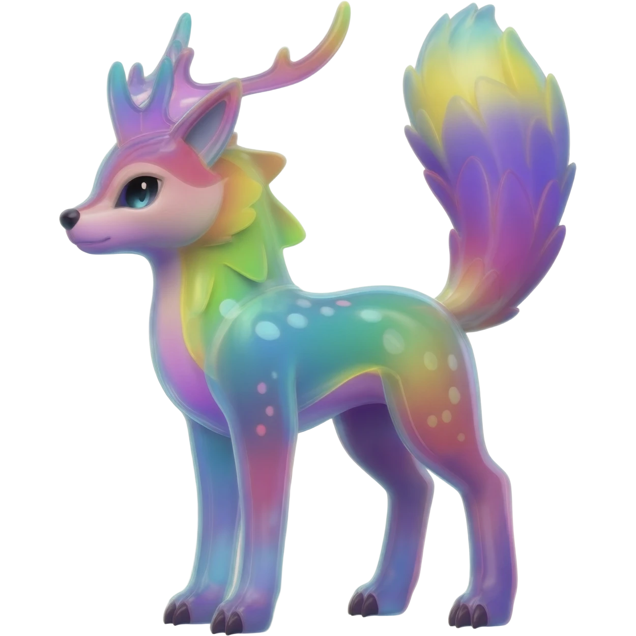 Colorful translucent luminescent glowing Trico-Sergal-Furret-Ferret-Wolverine-Vernid-furry-fursona-fusion-Fakemon-animal-hybrid-creature, full body emoji
