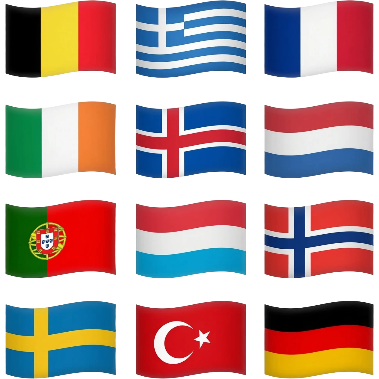 Østrig, Belgien, Danmark, Frankrig, Grækenland, Holland, Island, Irland, Italien, Luxembourg, Norge, Portugal, Storbritannien, Sverige, Tyrkiet, Vesttyskland. EMOJI emoji