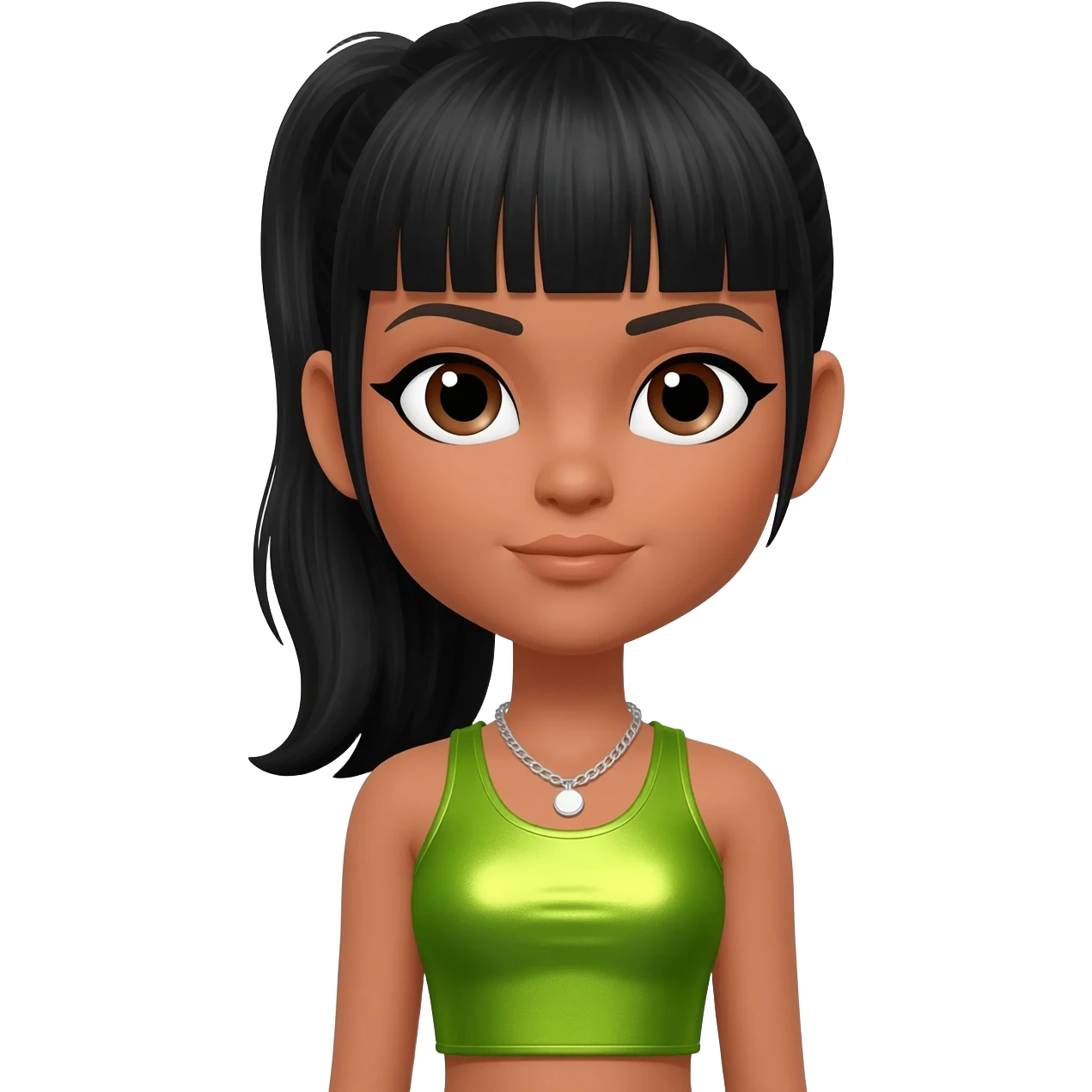 Left Eye from TLC with brown eyes, black ponytail hair with bang, lime green metallic crop top, silver necklace emoji