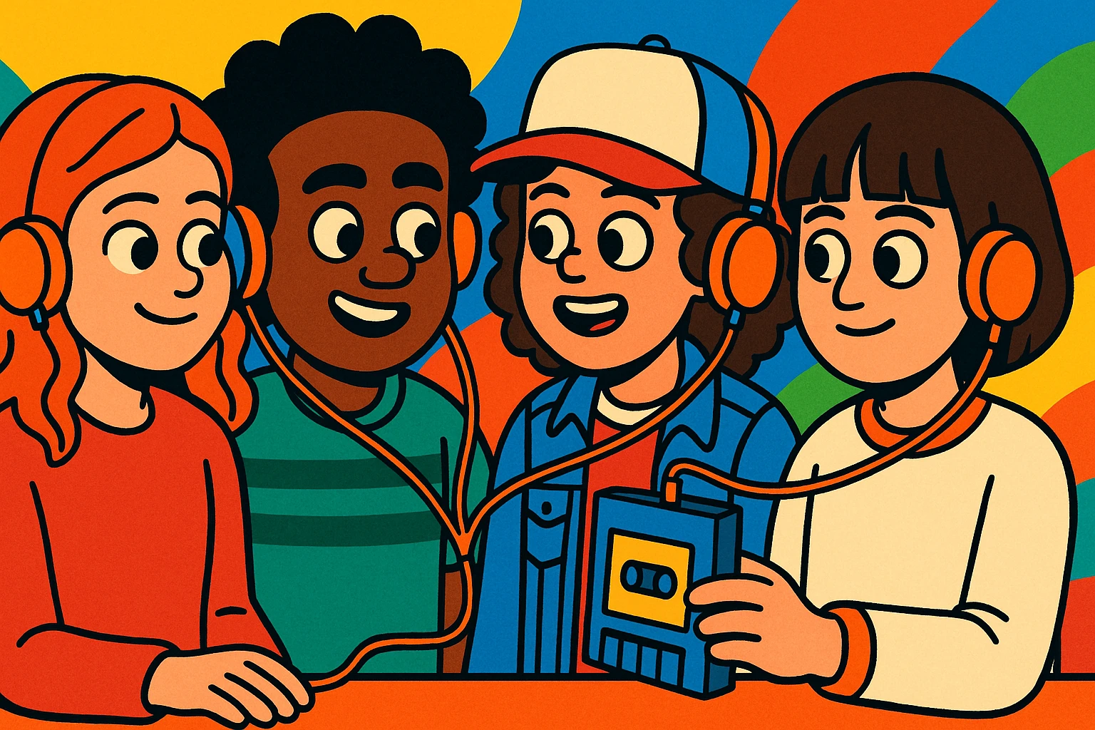 Stranger Things inspired characters sharing headphones and a cassette tape player, vibrant toon style, wide aspect ratio 16:9 emoji