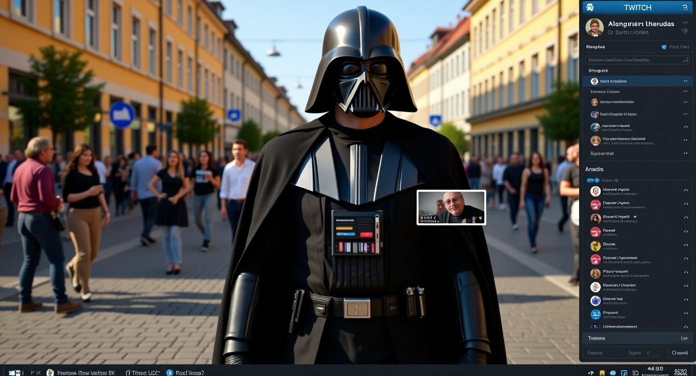 Ultra realistic, a lot of detail, 8k quality, Cinematic still of a darth vader walk through poznan city down town, sunny day, crowd of baby yoadas around him, he is live streaming on twitch, we can see twitch chat ui, selfie camera holding in hand front camera emoji