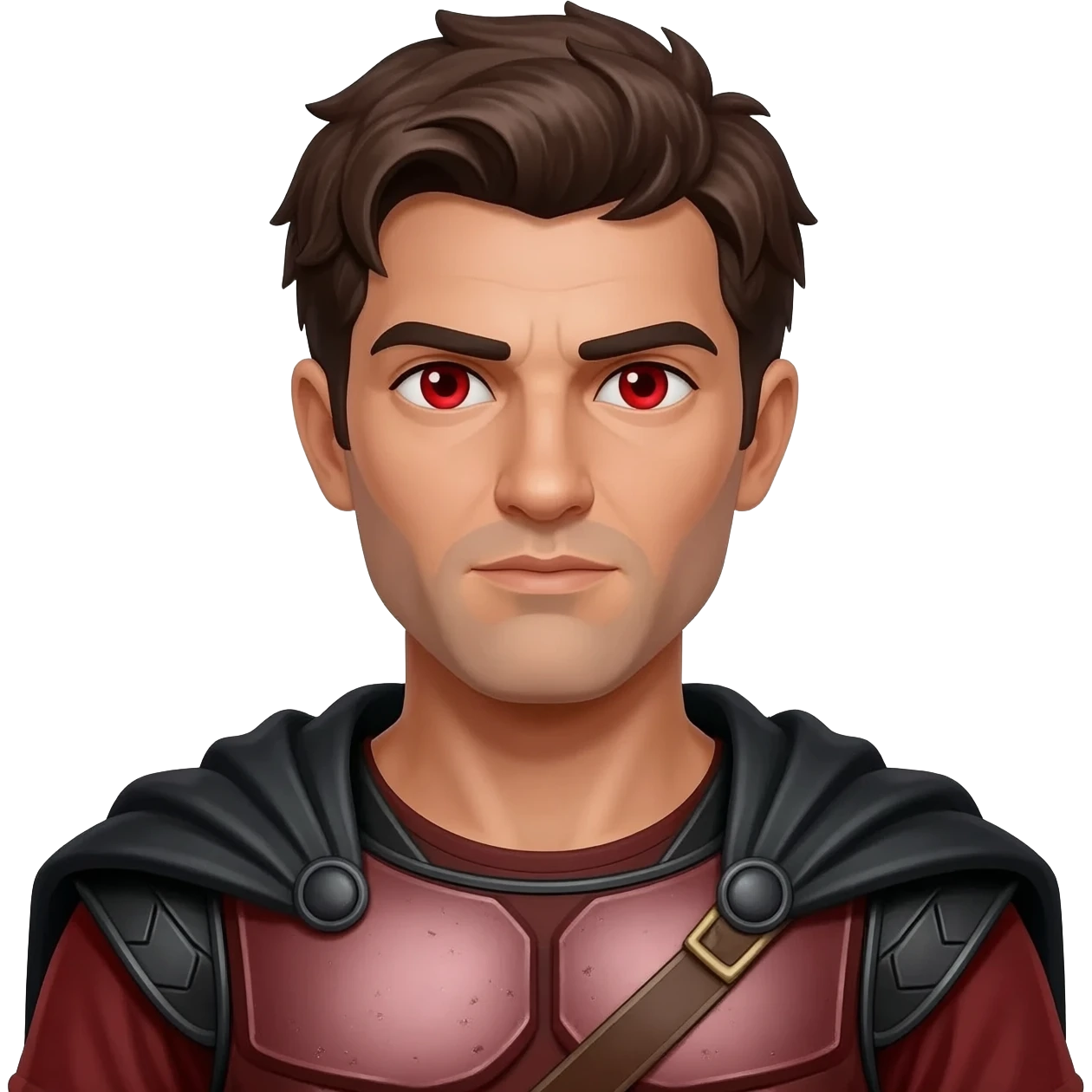 Mars from Roman Mythology with red eyes, dark brown hair , dark red metallic tunic, black metallic cloak emoji