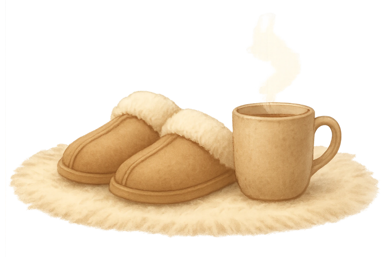 cozy slippers and a steaming mug on a rug, soft and peaceful emoji