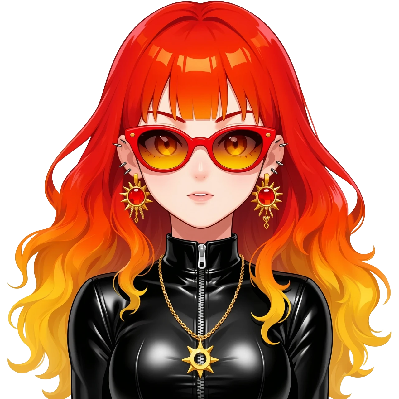 Beautiful gorgeous anime lady with beautiful fiery long warm-red-orange-yellow-gradient-wavy-special-hair, fashion aesthetic, slim red-tinted-sunglasses, accessories, gold jewelries, red-and-yellow sunny-pattern-eyes, black latex-suit, biker-woman, cool, badass, ahoge, gold necklace emoji