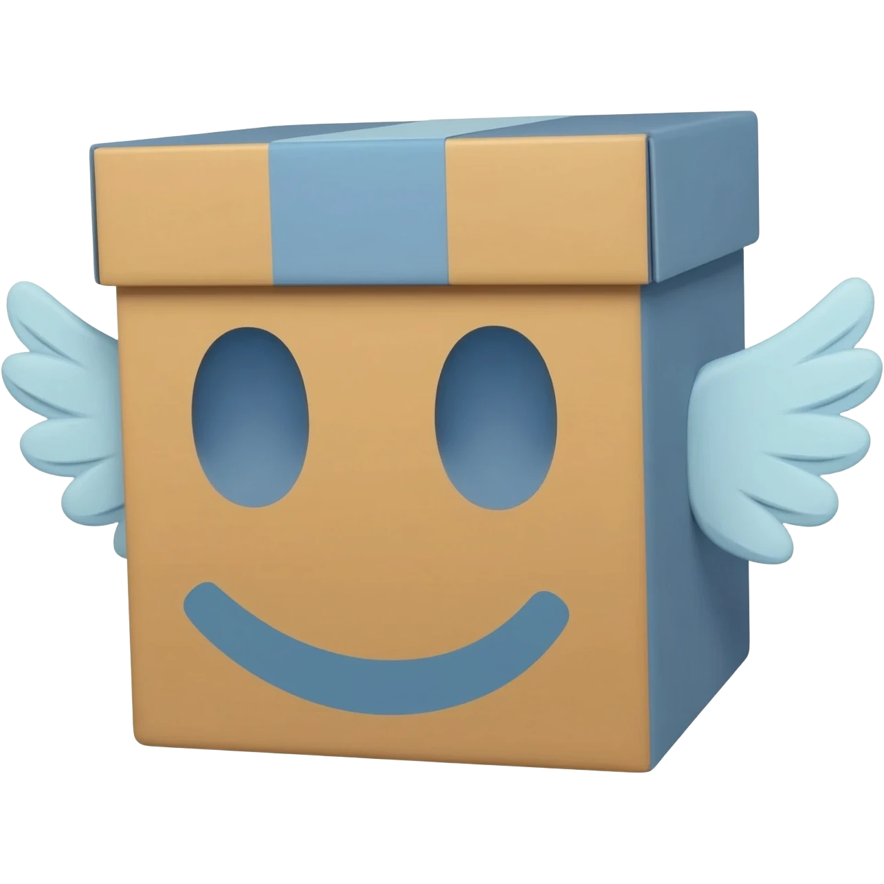 cute smiling delivery package with small eagle wings, logistics mascot emoji, blue and orange colors, simple flat emoji style, white background emoji