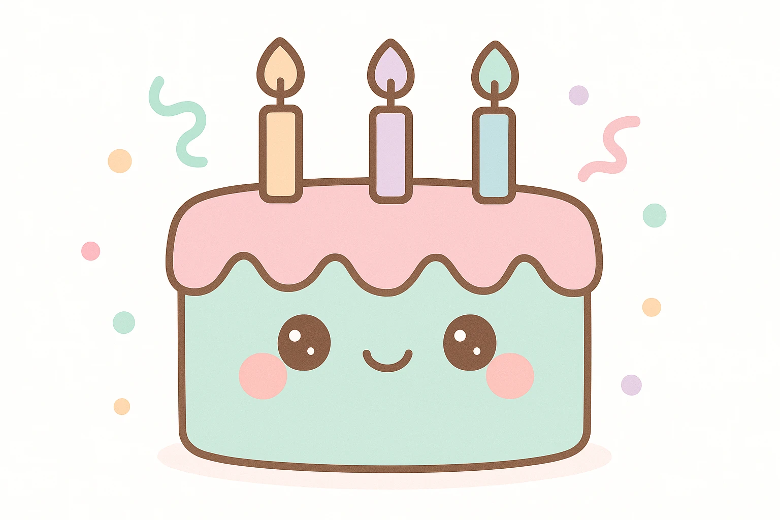 cake with candles and streamers, kawaii style emoji